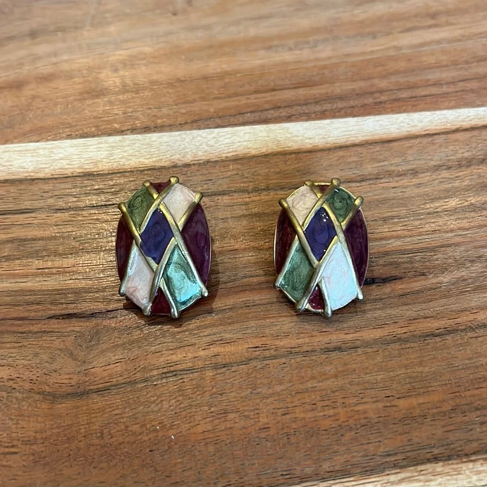 Chico's Multicolor Diamond Patterned Gold Clip On Earrings